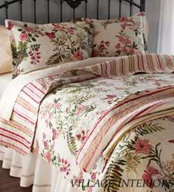 COTTAGE CHIC BUTTERFLY FLORAL PINK, GREEN & IVORY TWIN COTTON QUILT 