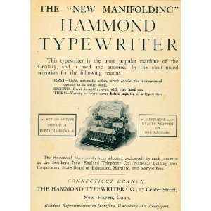 1904 Ad Manifolding Hammond Typewriter Machine Model 17 