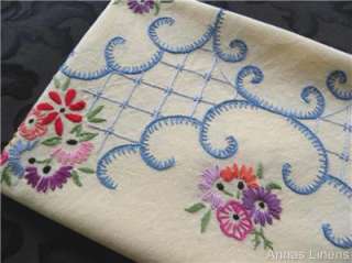 Vintage Round Tablecloth Topper Hand Embroidered Flowers & Scrolls 