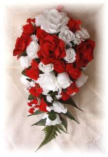 15pc Silk Wedding Bouquet Bridal Flowers Red White Roses  