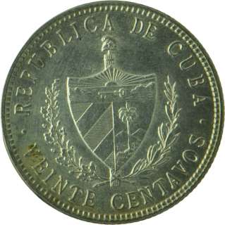 1949   UNC   Cuba   20 Centavos Cents   Silver   Coin   7172  