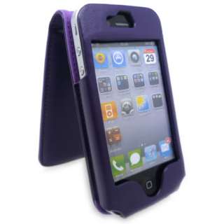 Purple Flip Leather Case Cover for iPhone 4 +Screen Grd  