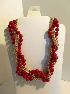 Amrita Singh Large Bold Ruby Red Beads Gold Tone Link Necklace NWT 