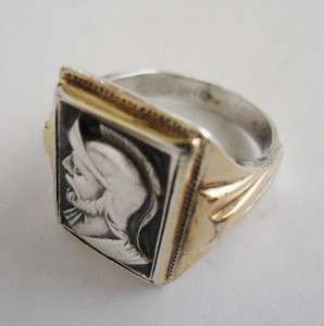 Vintage Signed OB Sterling Silver & 10K Gold Mens Trojan Ring  