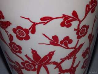 Vintage Large Decorative White & Red Birds Glass Flower Vase / Jar 