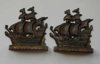Vintage Cast Iron Bookends Pirate Ships Original Paint  