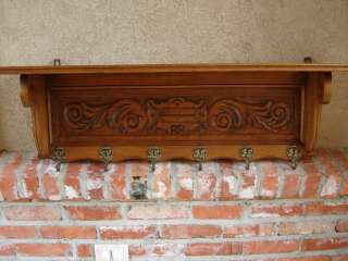 Antique English Carved Tiger Oak Wall Shelf Coat Plate Hat Rack 