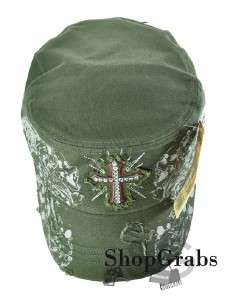 New Olive Green Cadet Military Style Hat Grey Cross Spike Embroid Kb 