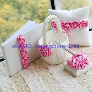   Lined Wedding Guest Book Ring Pillow Flower Basket pen sets  